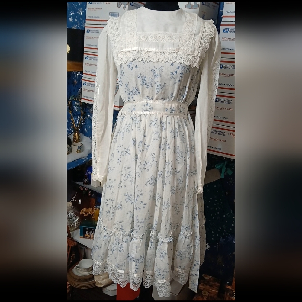 Gunne Sax Blue and White Floral Long Sleeve Dress